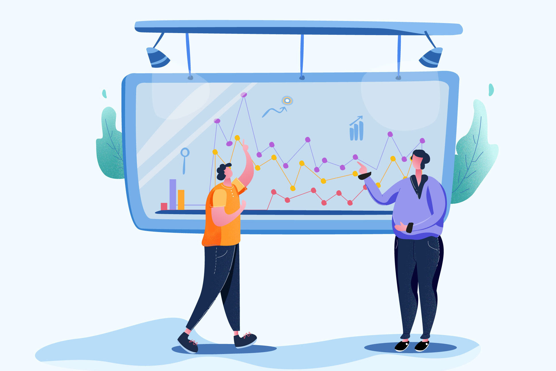 2 people analyses their website statistics illustration