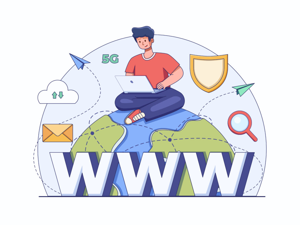 Illustration of the internet connecting the entire world, featuring a person sitting cross-legged on planet Earth with a laptop, symbolizing global connectivity through the internet.