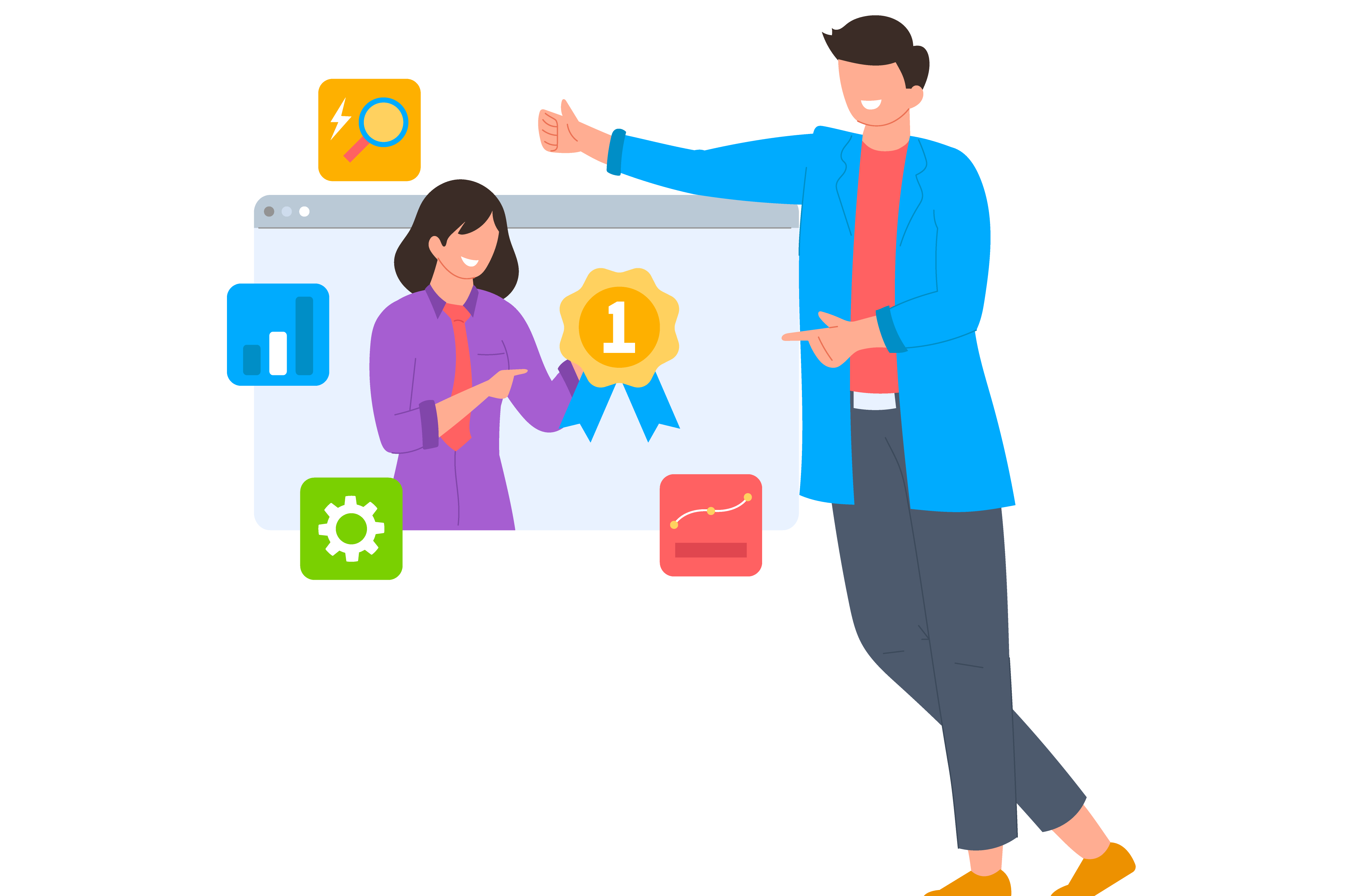 Happy man and woman celebrate their website ranking illustration