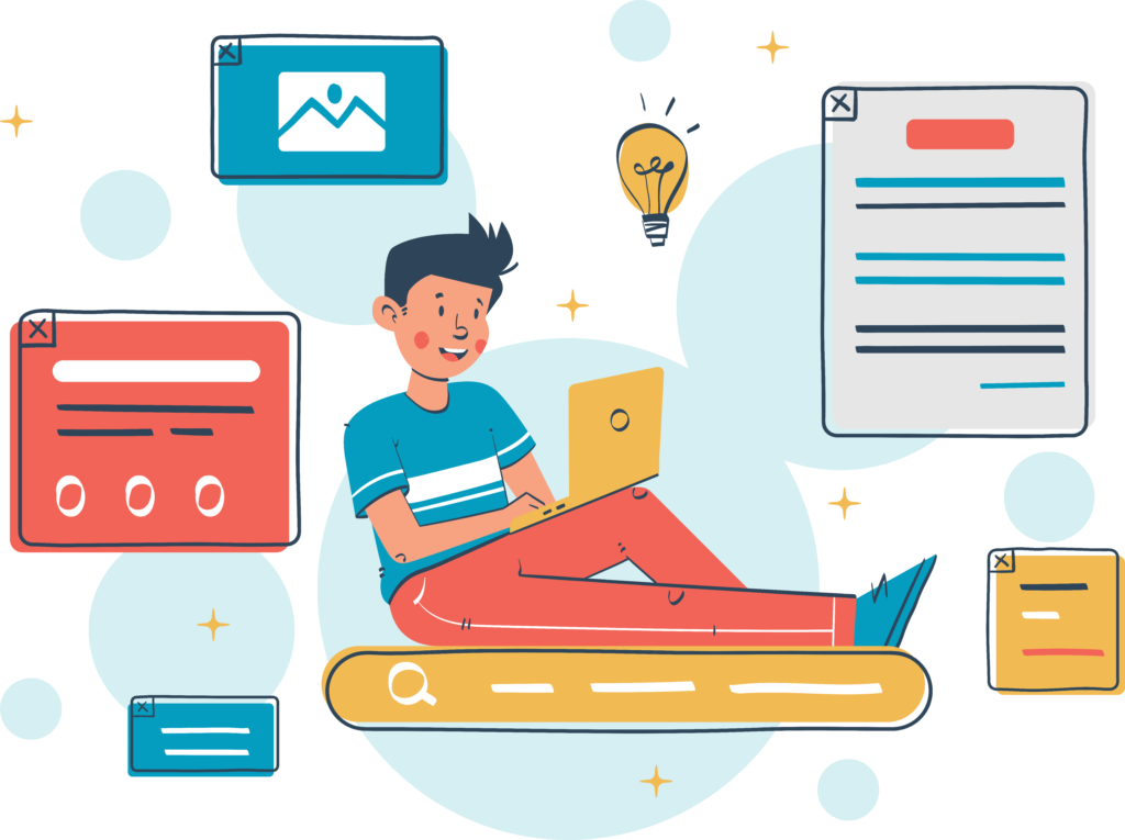 Happy man working on his website illustration
