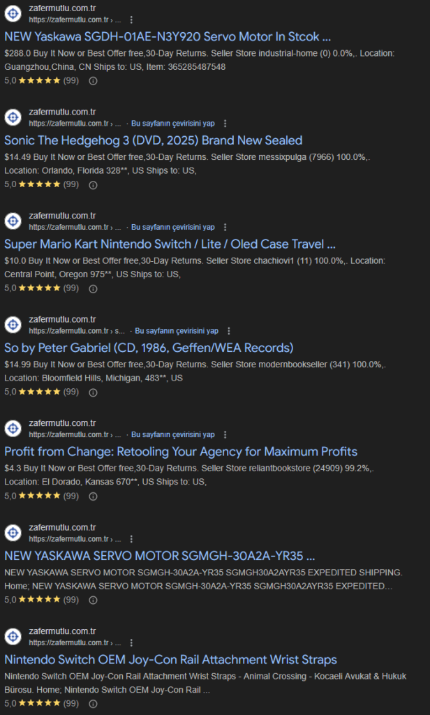 Screenshot of Google search results for zafermutlu.com.tr showing spam pages indexed by Google.